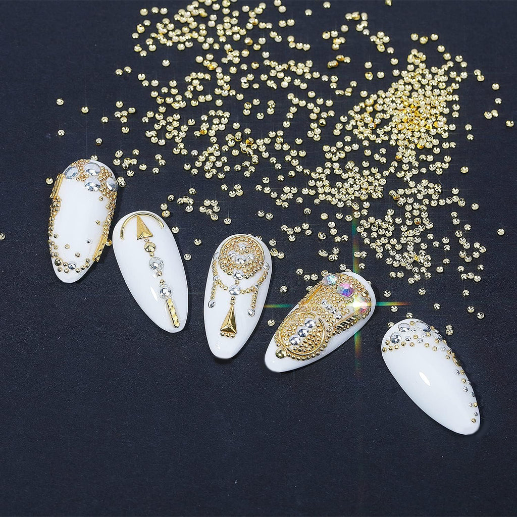 Nail Charms,Nail Gems,3600Pcs Gold & Silver Bead Flat Back Round Rhinestones，Small Nail Pearls 3D Mixed Sizes