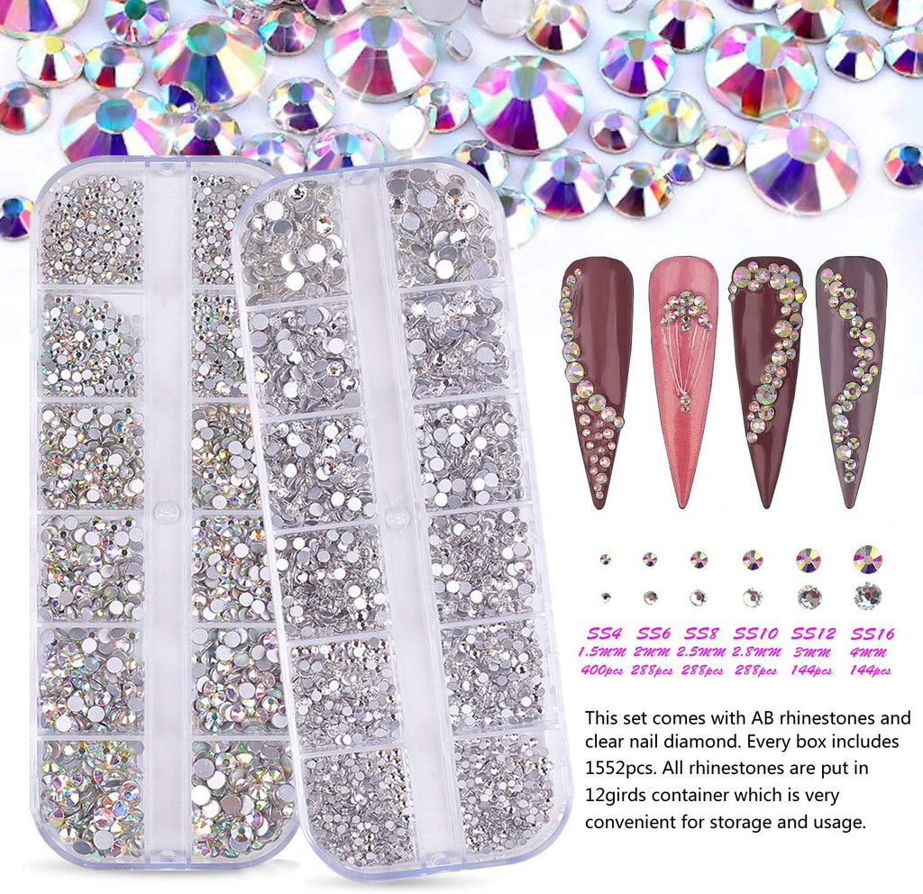 FITDON Multi-Shapes Glass Crystal AB Rhinestones Set for Nail Decoration, DIY Jewel Charms Accessories Supplies With Clear Diamond