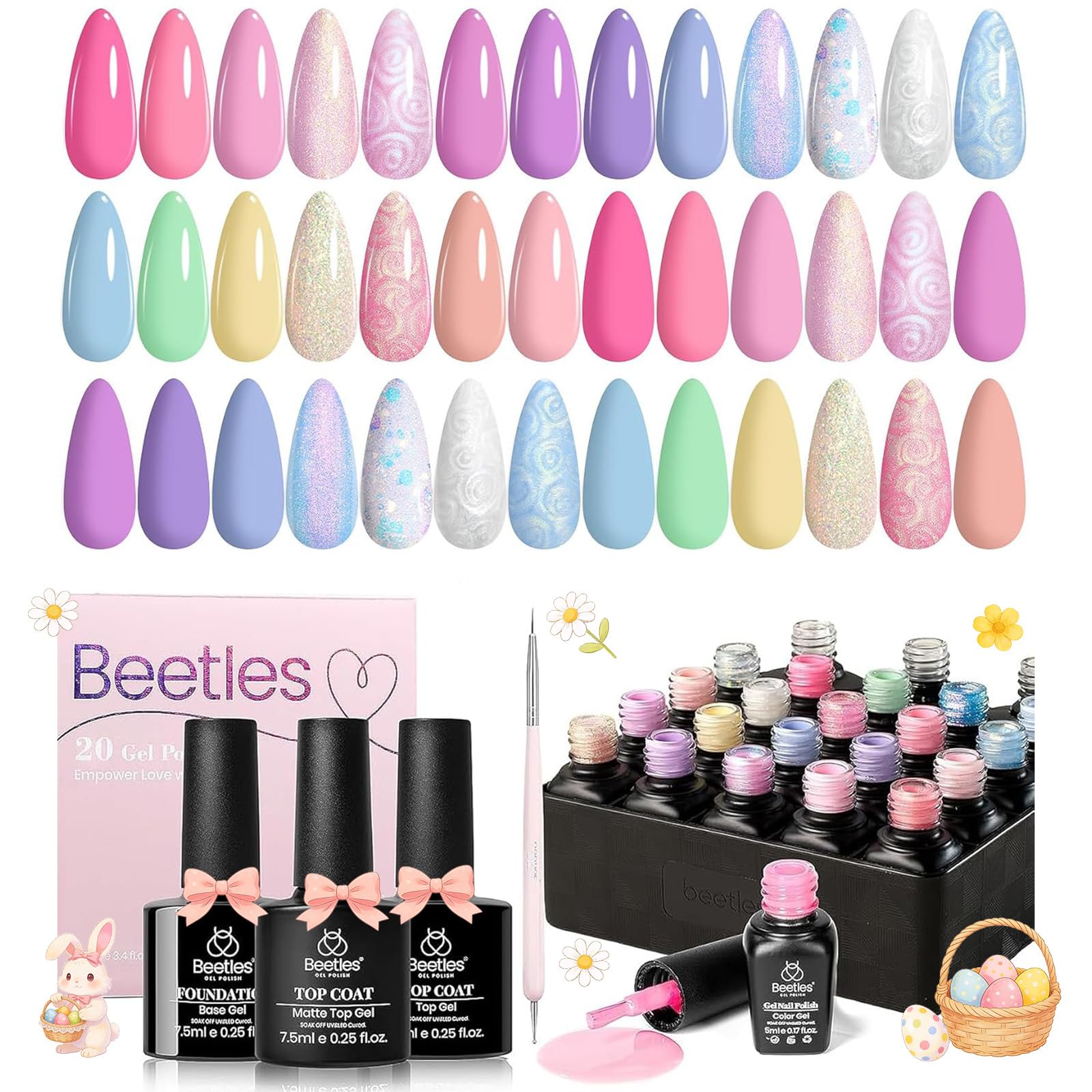 116 diff packs . Beetles GelNail Polish Kit, 20 Colors Soak Off Gel Polish with 1 Base Coat 1 Glossy & 1 Matte Top Coat