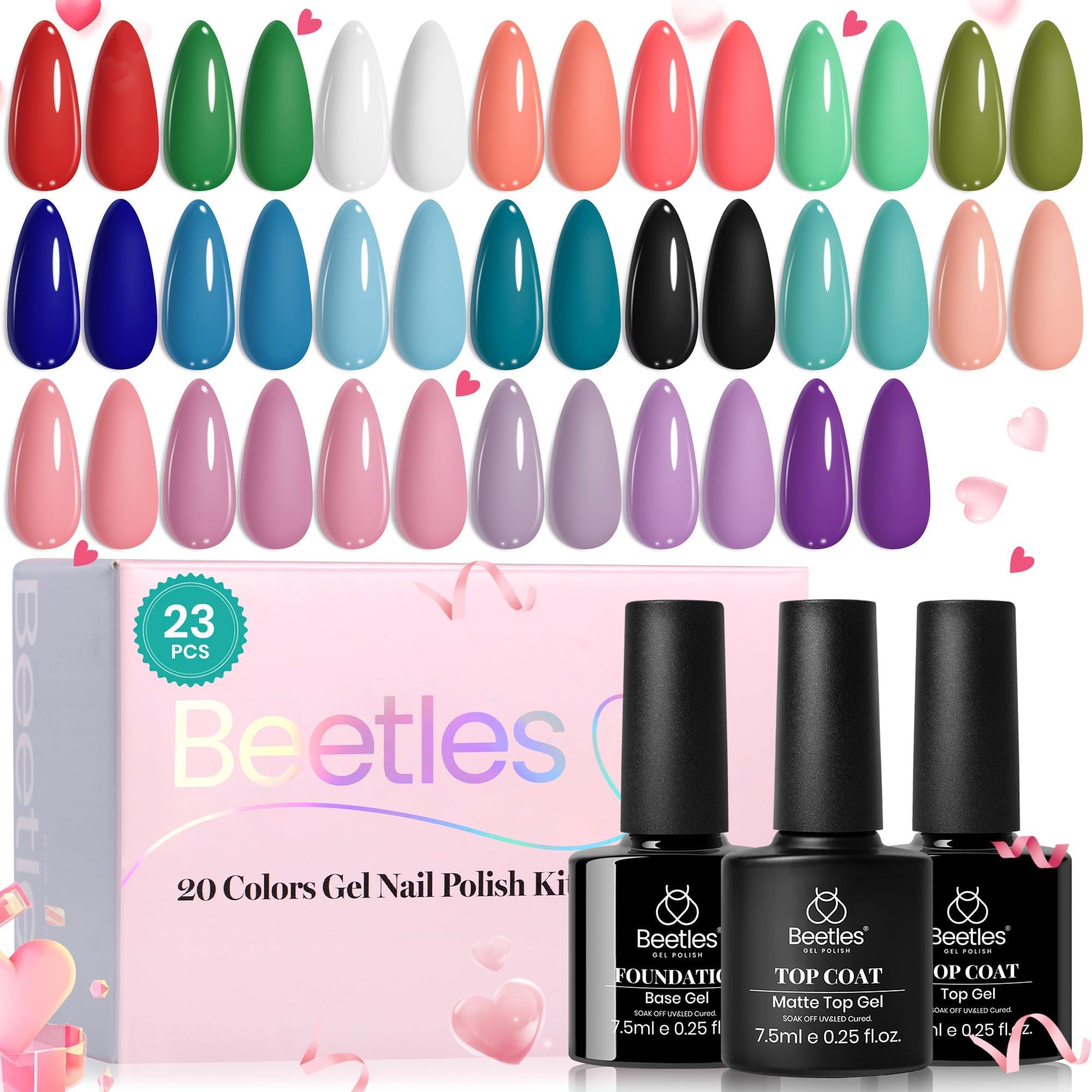 Beetles Gel Nail Polish Kit, ( 16 diff combinations and prices) 20 Colors Soak Off Gel Polish with 1 Base Coat 1 Glossy & 1 Matte Top Coat