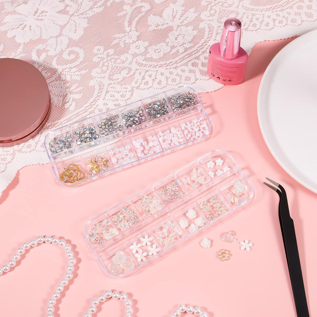 JOELELI 3D Acrylic Butterfly Flowers for Nails, Bear Charms, Flat Accessories - 24 Styles Starry AB Gems, Stones, Pearls, Gold