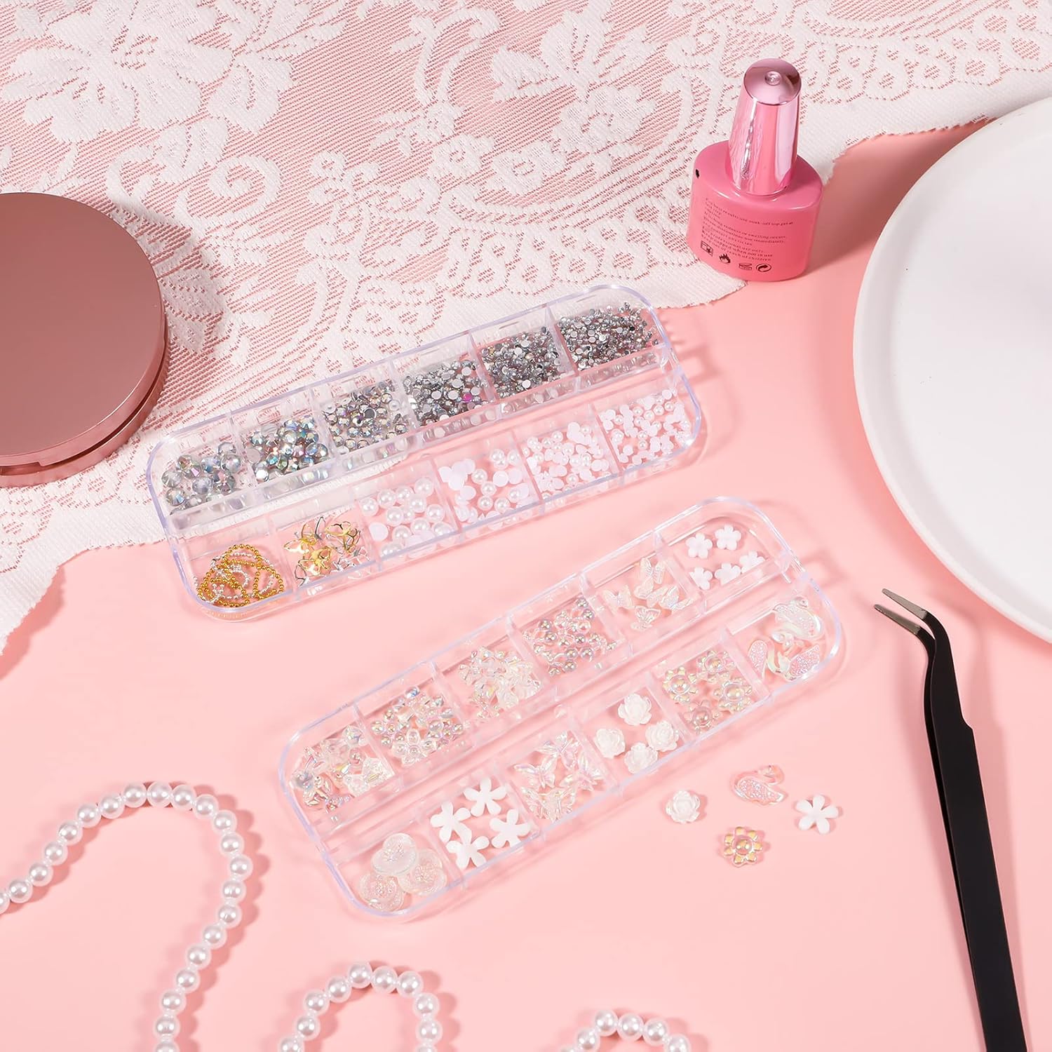 JOELELI 3D Acrylic Butterfly Flowers for Nails, Bear Charms, Flat Accessories - 24 Styles Starry AB Gems, Stones, Pearls, Gold