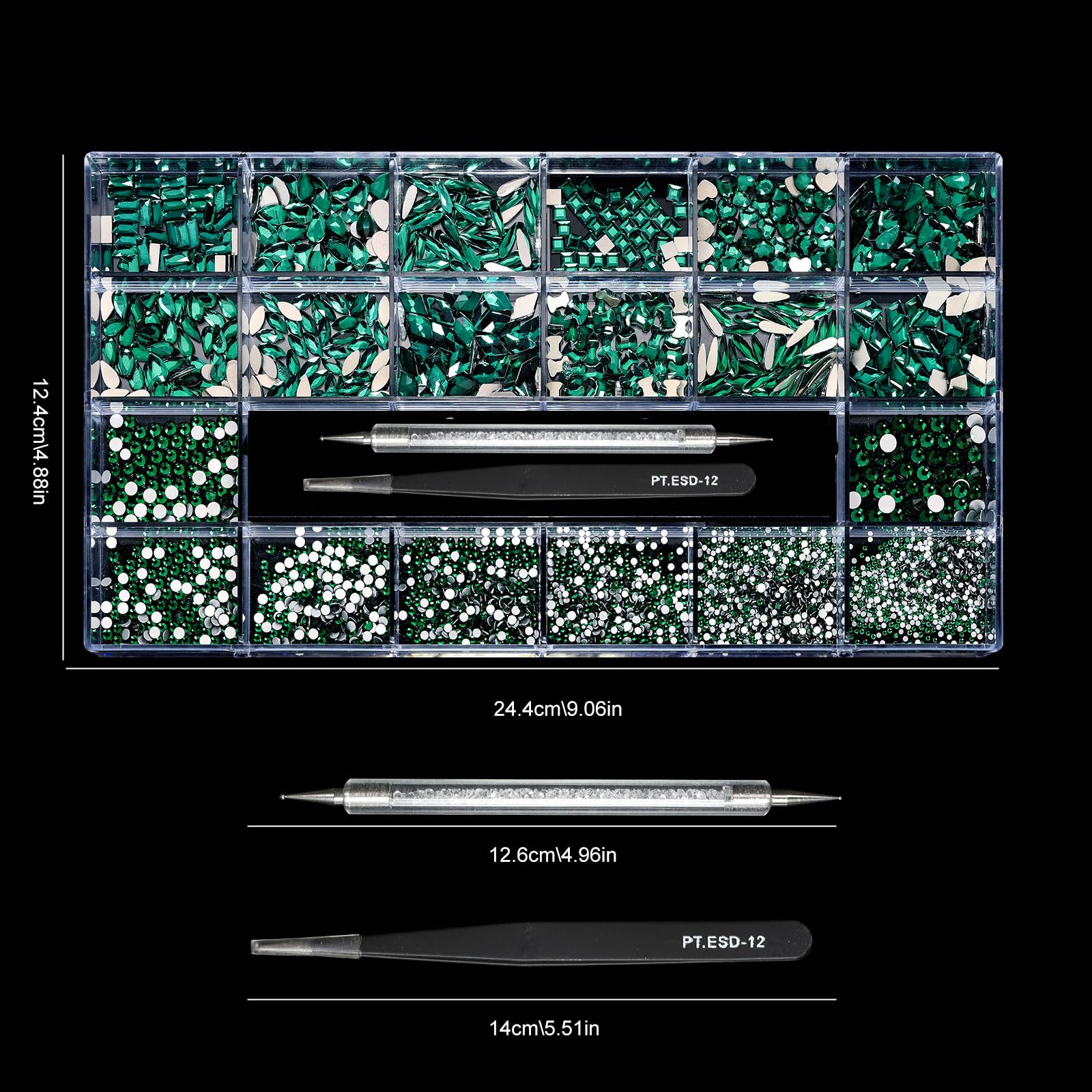 (5 diff packs ) 12 Types of 600  Diamonds + 2500 Flat Rhinestones Mix 20 Styles Flatback Stones Set + Tweezers + Drill Pen