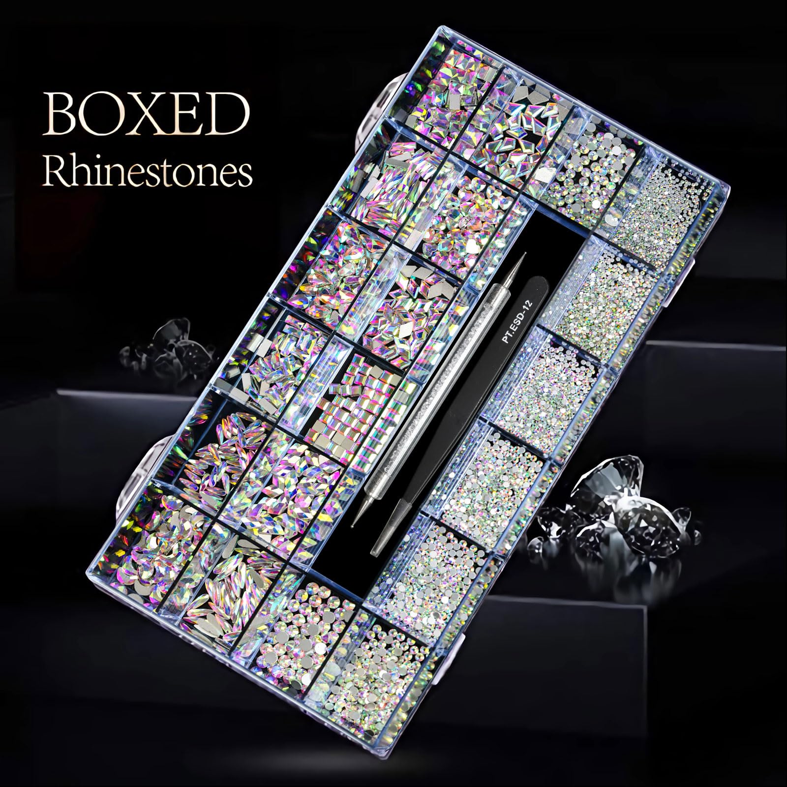 (5 diff packs ) 12 Types of 600  Diamonds + 2500 Flat Rhinestones Mix 20 Styles Flatback Stones Set + Tweezers + Drill Pen