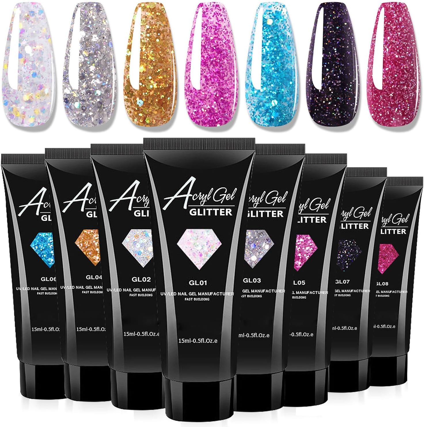 8Pcs Polygel Extension Gel Glitter Builder Kit for Nails . 8 Colors  Kit for Beginners