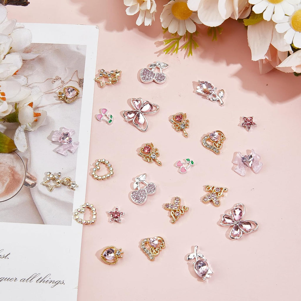 24PCS Rhinestone Nails Charm, 3D Heart Star Bow Cherry Butterfly