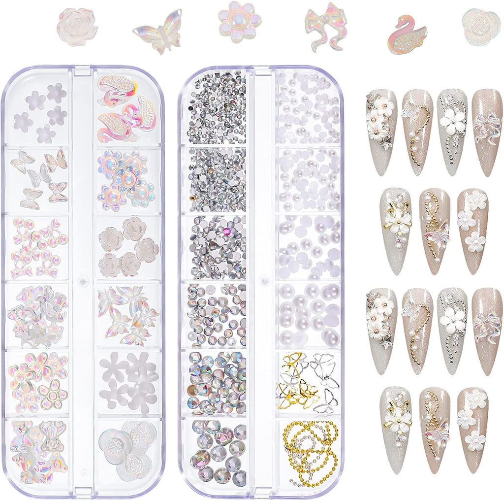 JOELELI 3D Acrylic Butterfly Flowers for Nails, Bear Charms, Flat Accessories - 24 Styles Starry AB Gems, Stones, Pearls, Gold