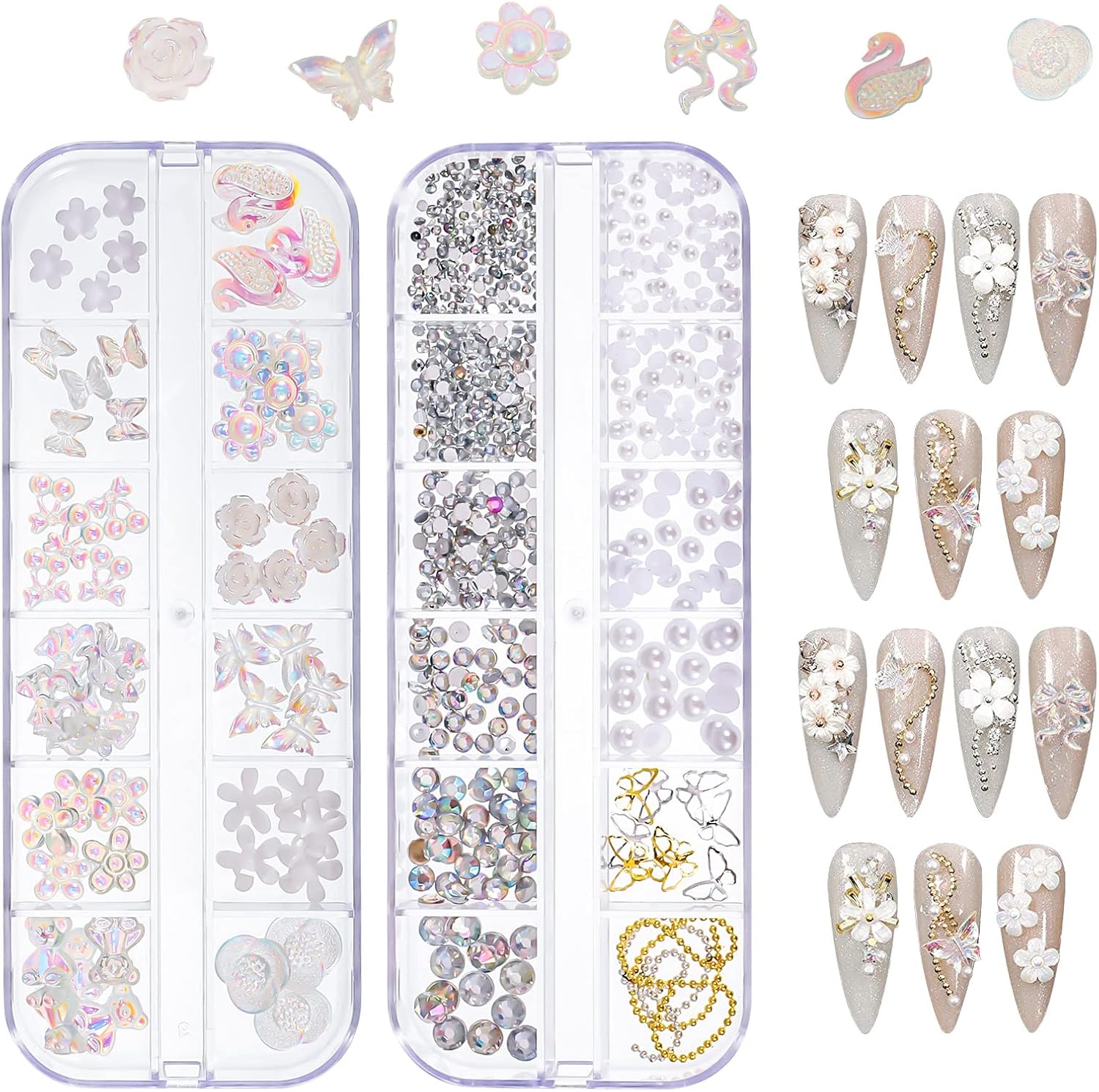 JOELELI 3D Acrylic Butterfly Flowers for Nails, Bear Charms, Flat Accessories - 24 Styles Starry AB Gems, Stones, Pearls, Gold