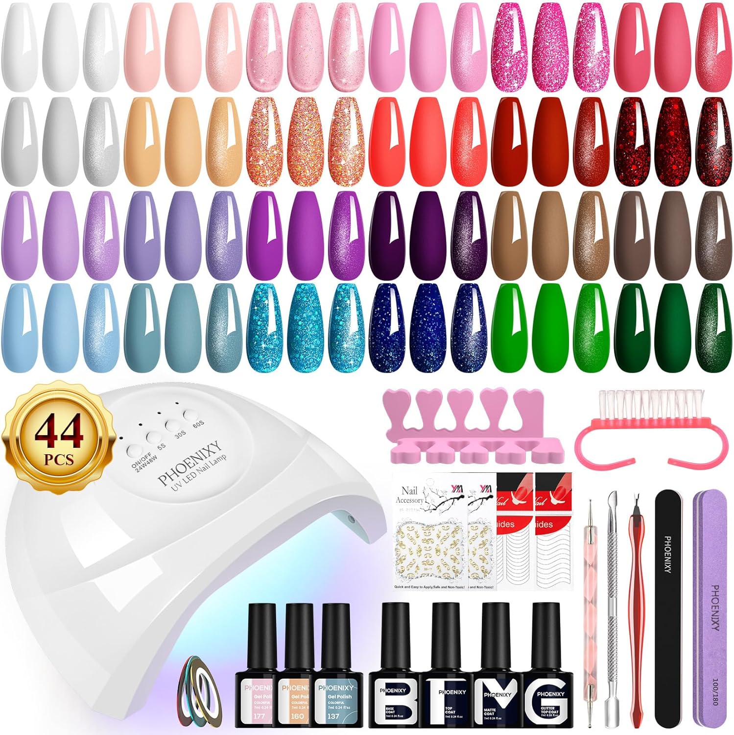 PHOENIXY 56 Pcs 108 Effect Gel Nail Polish with U V Light 48W Base Glitter Top Coat Kit