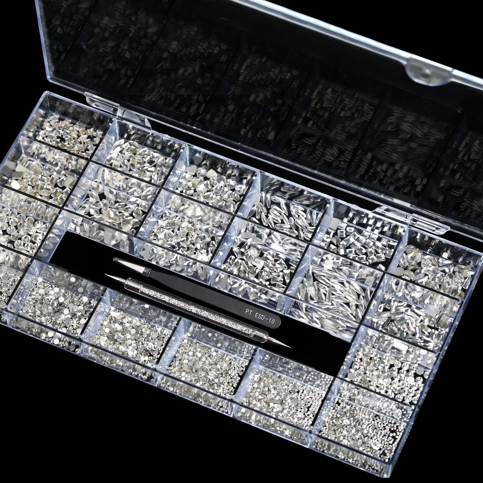 (5 diff packs ) 12 Types of 600  Diamonds + 2500 Flat Rhinestones Mix 20 Styles Flatback Stones Set + Tweezers + Drill Pen