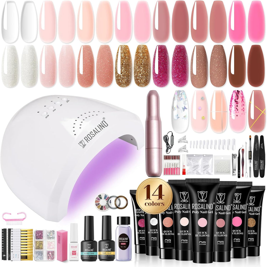 4 different packs ROSALIND Poly Nail Gel Kit with Drill -14 Colors. with U V Lamp Slip Solution and Electric Nail Drill Starter Kit, 0.34 oz/10 ml