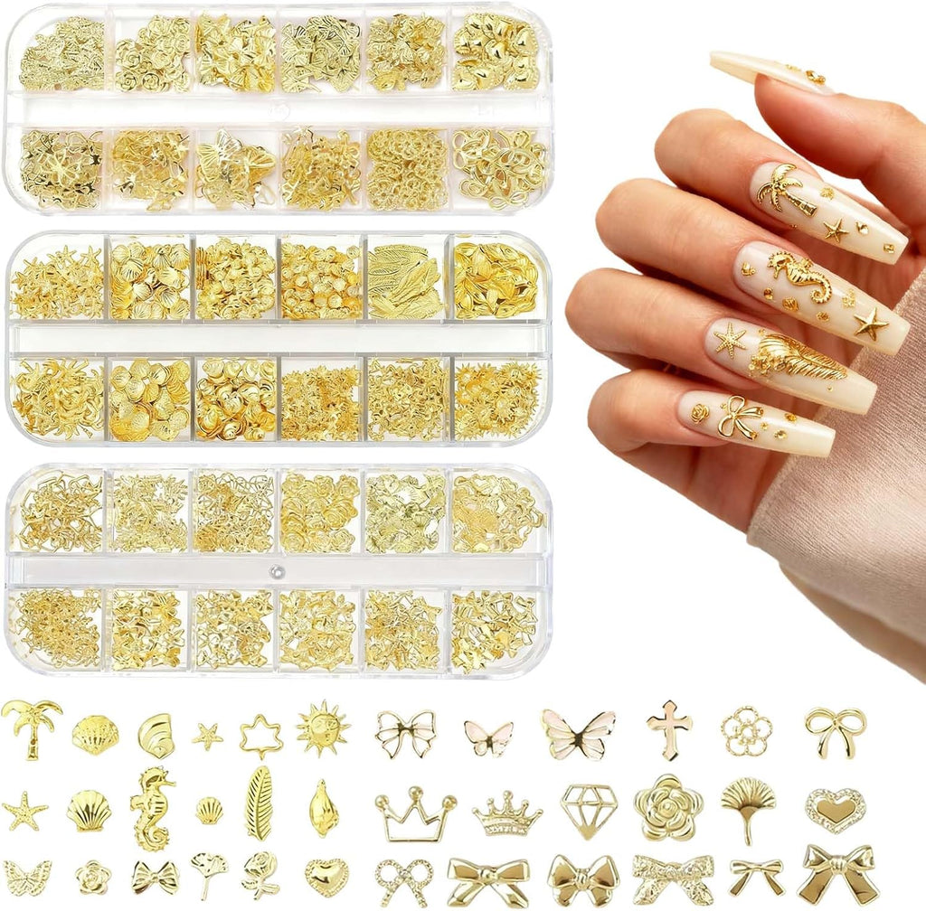 3 Boxes Nail Charms Set, Gold ,36 Designs 3D Gold Metal