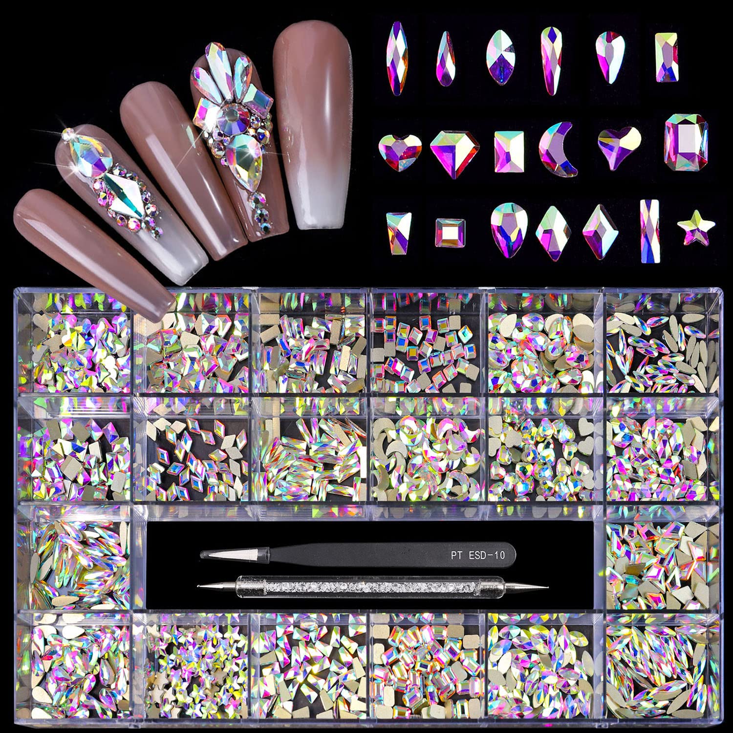 (5 diff packs ) 12 Types of 600  Diamonds + 2500 Flat Rhinestones Mix 20 Styles Flatback Stones Set + Tweezers + Drill Pen