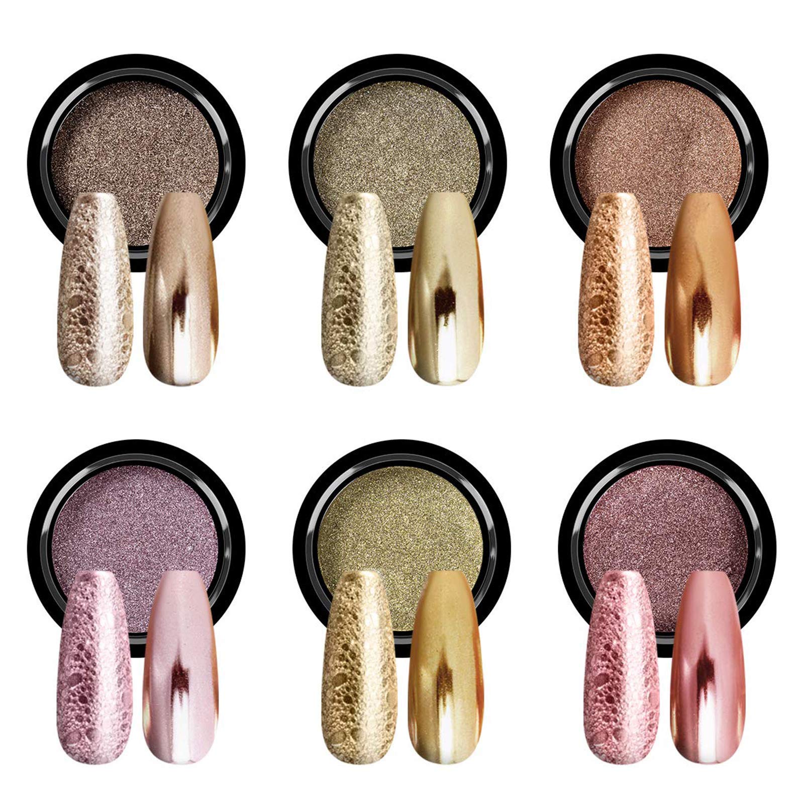 SAVILAND Chrome Nail Powder Set - 6 Colors Rose Gold Chrome Nail Powder Holographic Metallic Mirror Nail Effect Manicure Pigment for Nail Decoration Salon Home DIY Christmas Gift
