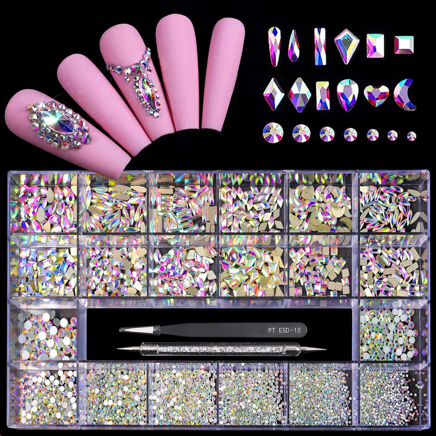 (5 diff packs ) 12 Types of 600  Diamonds + 2500 Flat Rhinestones Mix 20 Styles Flatback Stones Set + Tweezers + Drill Pen