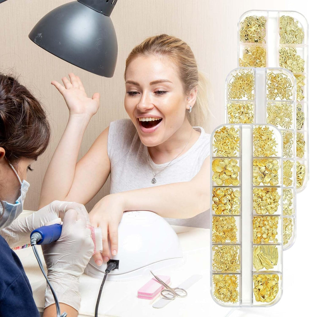 3 Boxes Nail Charms Set, Gold ,36 Designs 3D Gold Metal