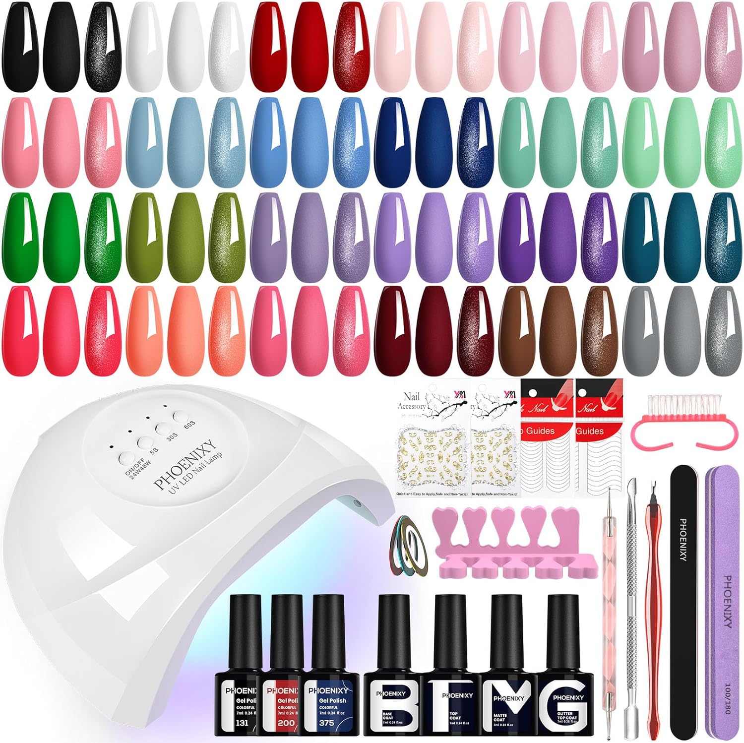 PHOENIXY 56 Pcs 108 Effect Gel Nail Polish with U V Light 48W Base Glitter Top Coat Kit