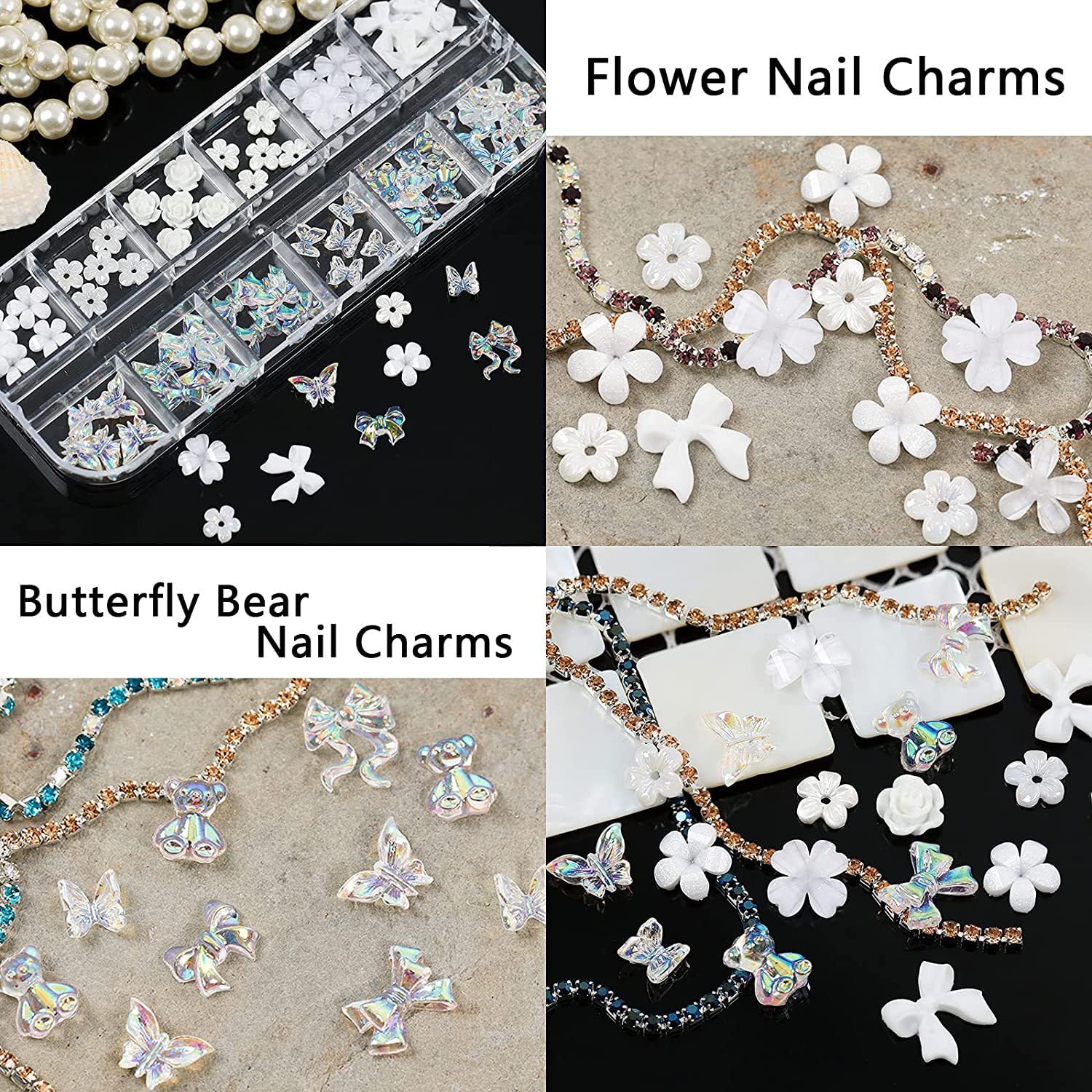 3D Acrylic Butterfly White Flowers Glitter Nail Charms  Mixed ( 3 diff packs )