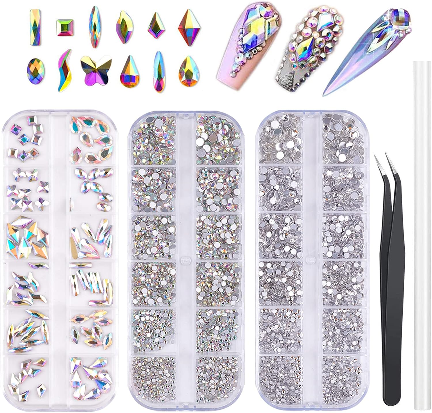 FITDON Multi-Shapes Glass Crystal AB Rhinestones Set for Nail Decoration, DIY Jewel Charms Accessories Supplies With Clear Diamond