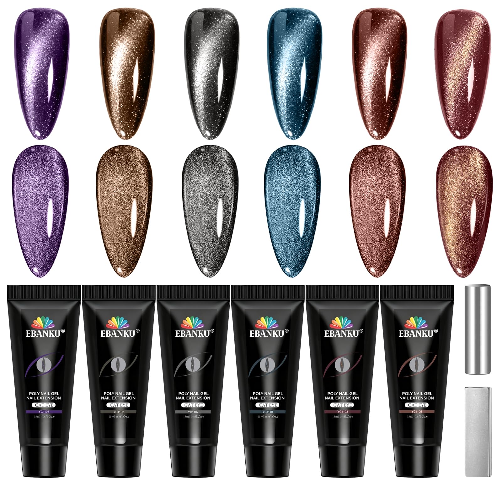 Poly Gel Nail Kit, EBANKU Cat Eye Poly Nail Gel Pink Purple Gold Glitter Magnetic Builder