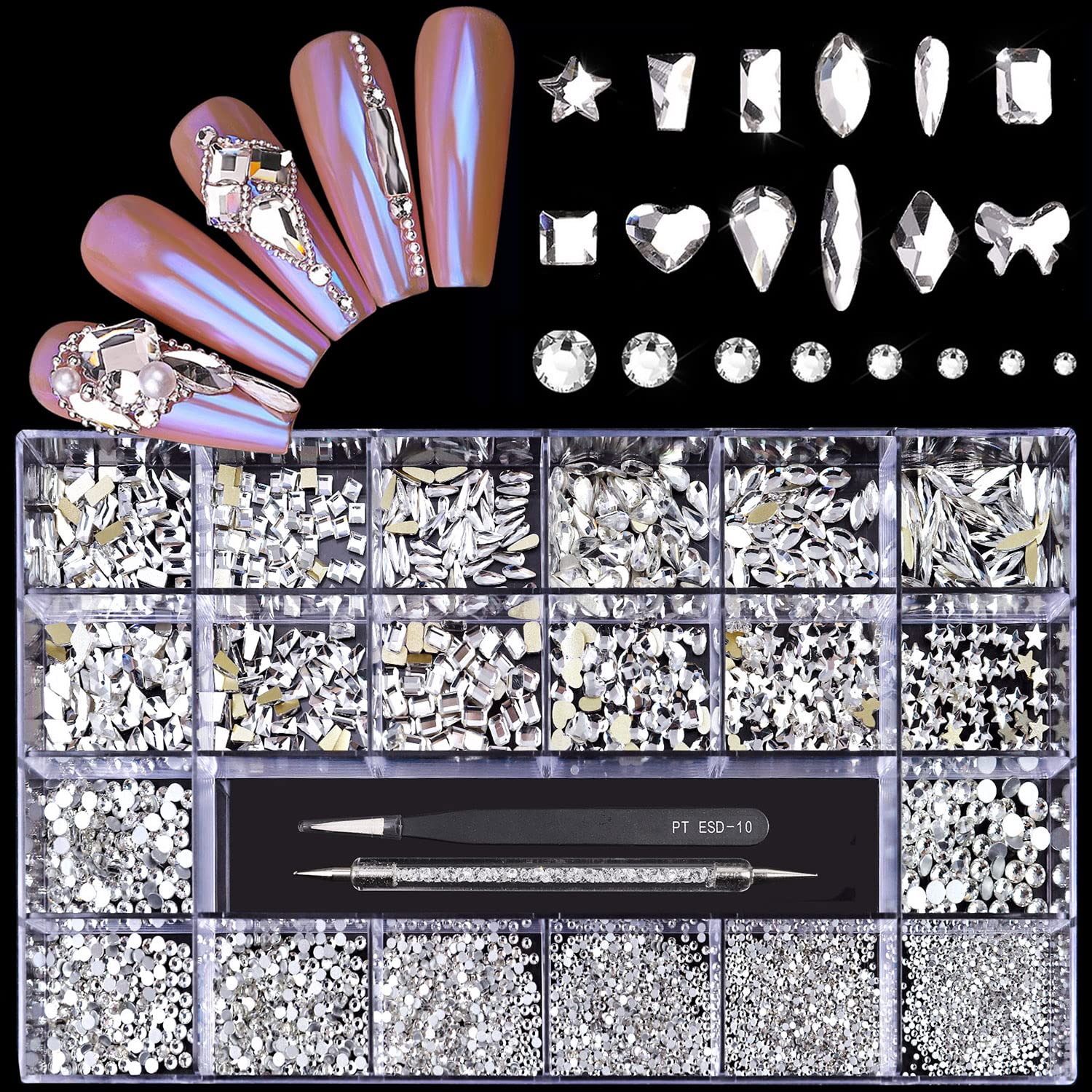 (5 diff packs ) 12 Types of 600  Diamonds + 2500 Flat Rhinestones Mix 20 Styles Flatback Stones Set + Tweezers + Drill Pen