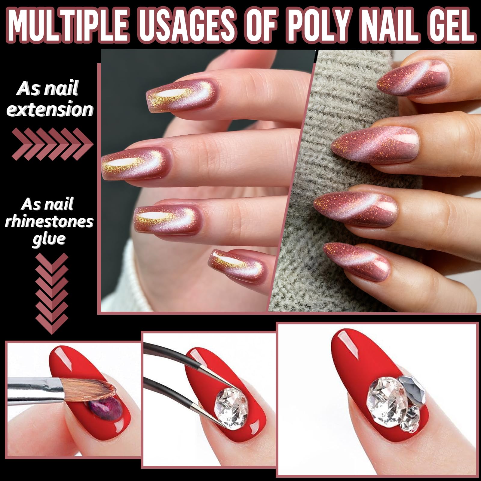 Poly Gel Nail Kit, EBANKU Cat Eye Poly Nail Gel Pink Purple Gold Glitter Magnetic Builder