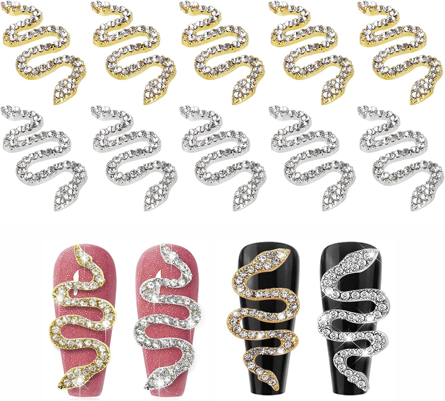 10 Pieces 3D Snake Nail Charms Set,Snake Nail Decorations Kit (Gold + Silver)