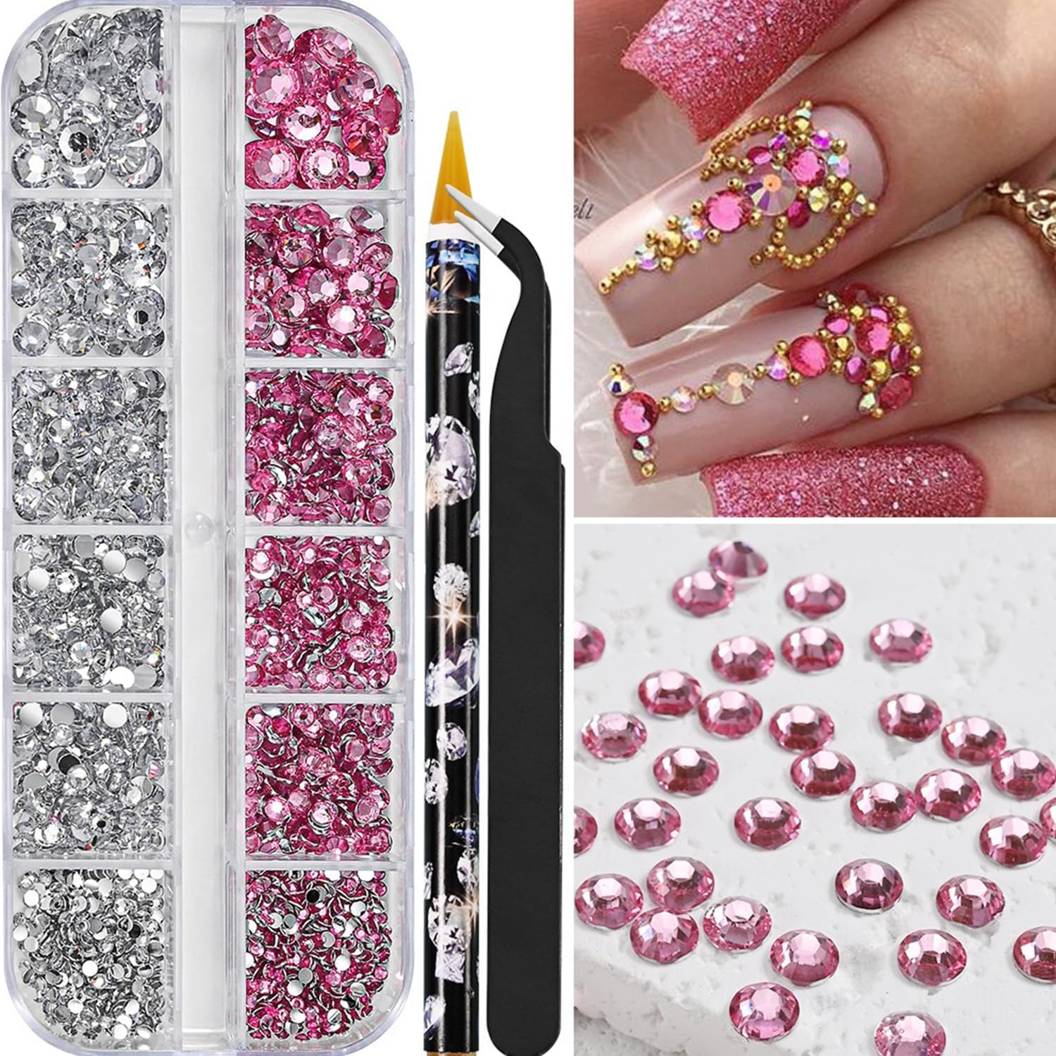 Nail Rhinestones, Flatback  . Mix 5 Sizes . with Dotting Pen and Tweezer