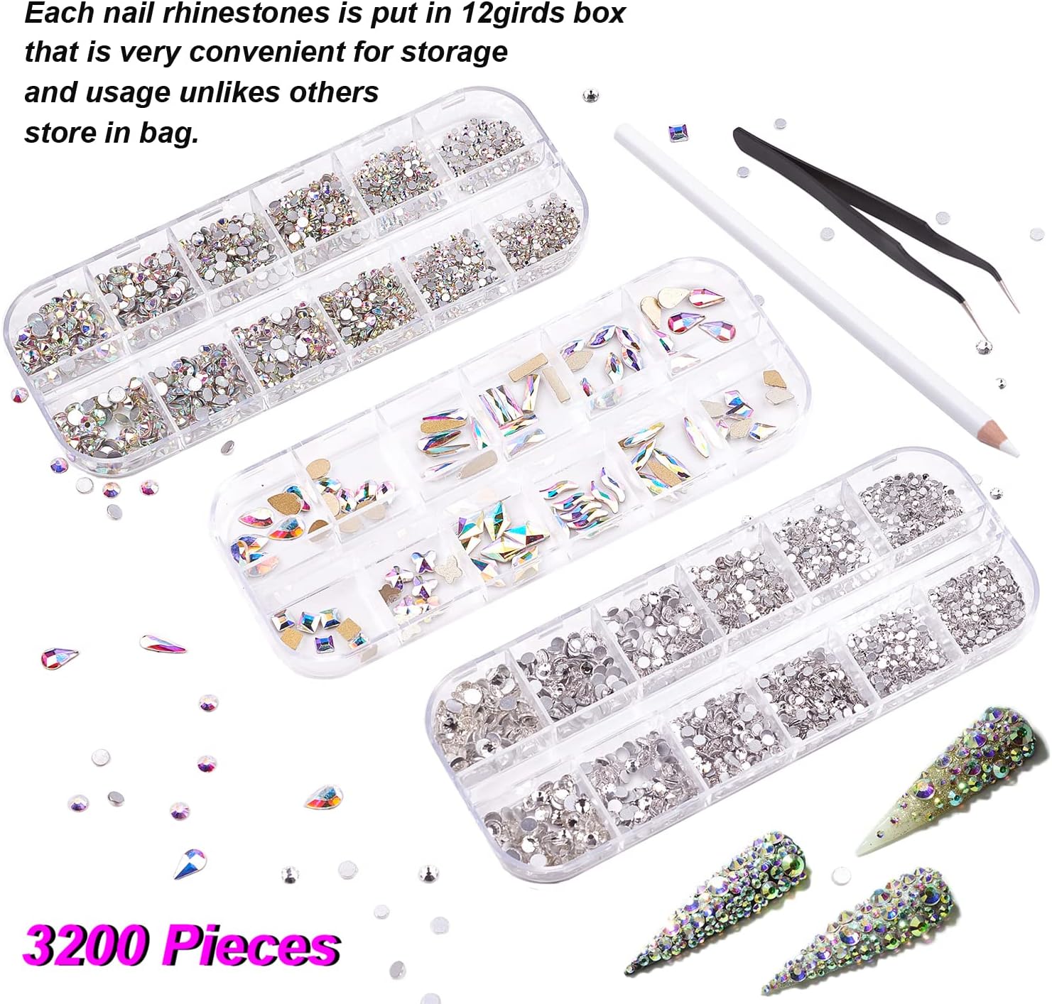 FITDON Multi-Shapes Glass Crystal AB Rhinestones Set for Nail Decoration, DIY Jewel Charms Accessories Supplies With Clear Diamond