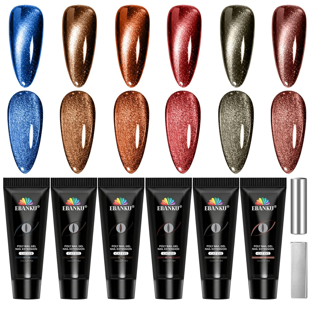 Poly Gel Nail Kit, EBANKU Cat Eye Poly Nail Gel Pink Purple Gold Glitter Magnetic Builder