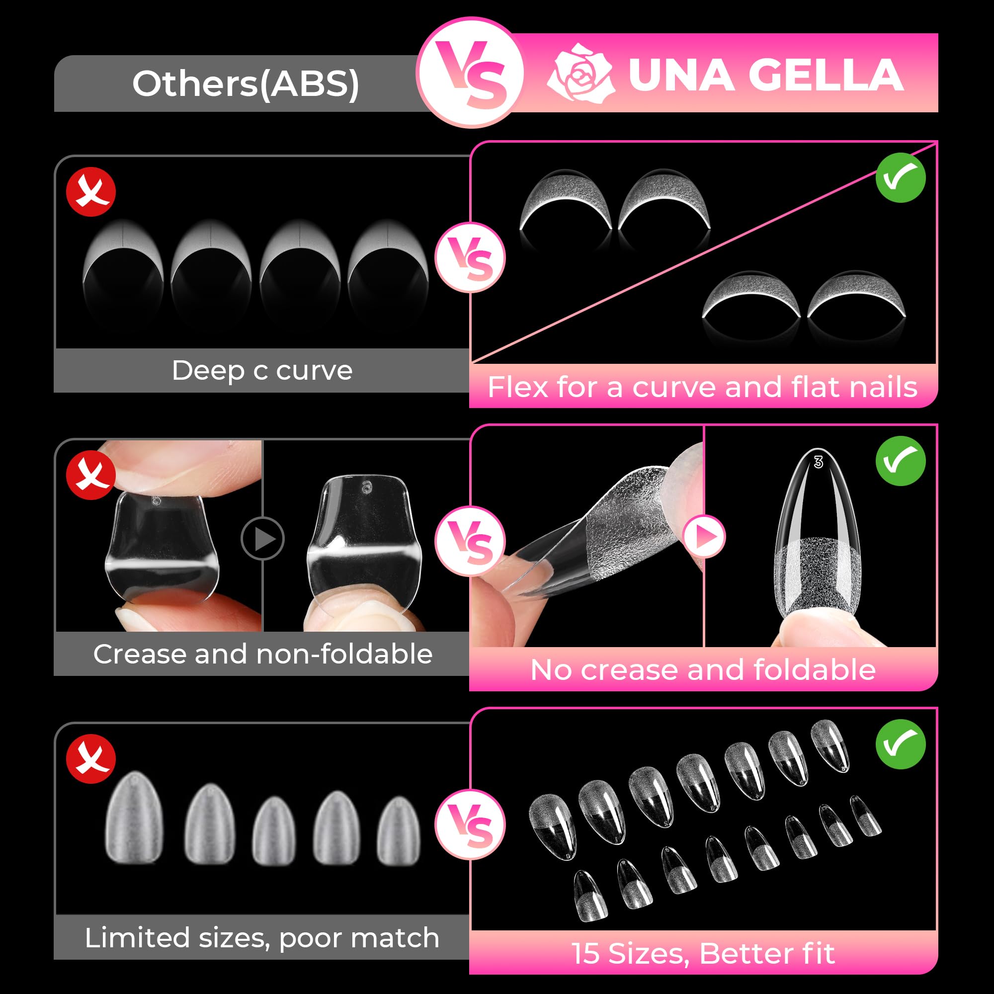 UNA GELLA Soft Gel Nail Tips, 6 Shapes + 2 Glue Options
