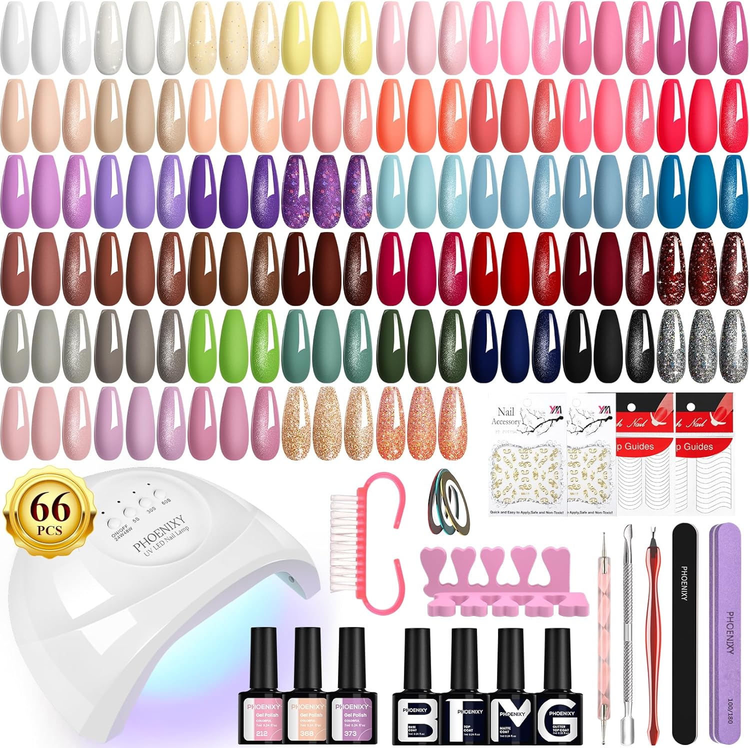 PHOENIXY 56 Pcs 108 Effect Gel Nail Polish with U V Light 48W Base Glitter Top Coat Kit