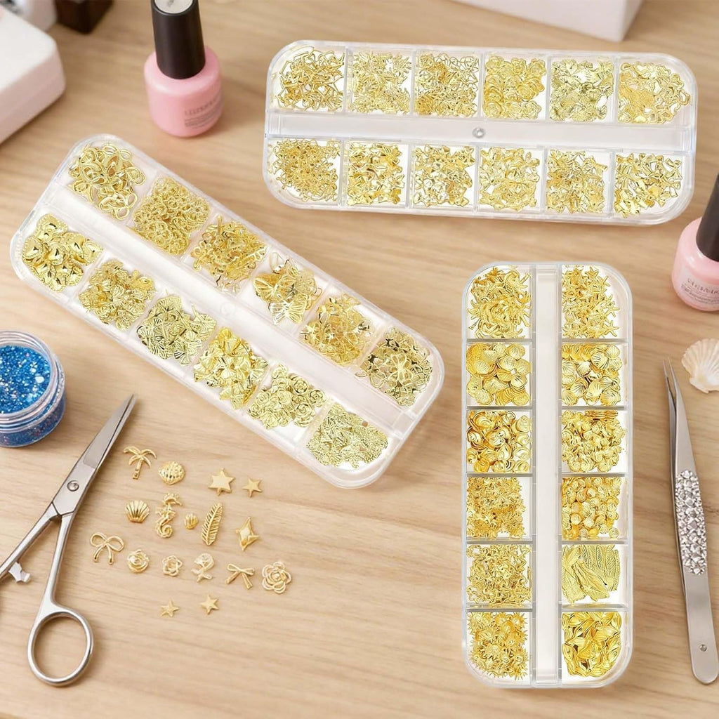 3 Boxes Nail Charms Set, Gold ,36 Designs 3D Gold Metal