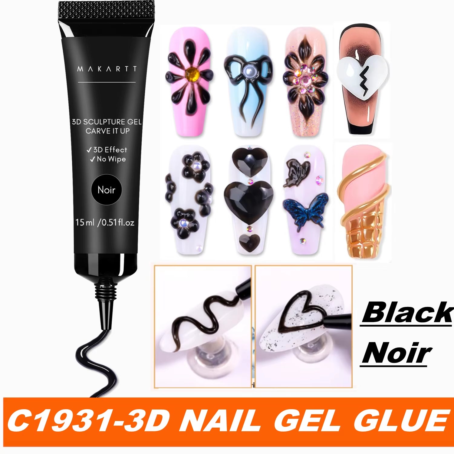 3D Nail Gel Sculpting Gel Nail Art Glue Kit, White Craving Gel and Black Candy Molding Gel No Wipe Embossed Gel Polish