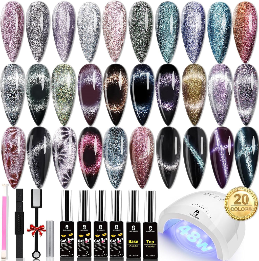 Clara Colors Cat-Eye Gel Polish Kit, 20 Colors with 48W UV Lamp