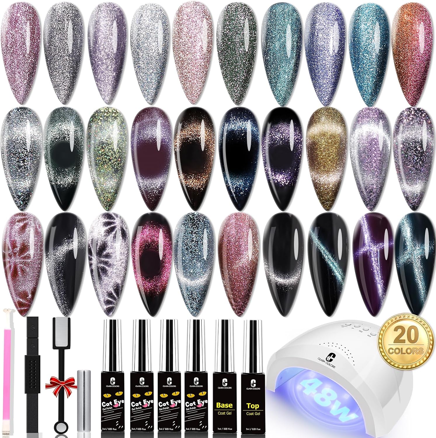 Clara Colors Cat-Eye Gel Polish Kit, 20 Colors with 48W UV Lamp
