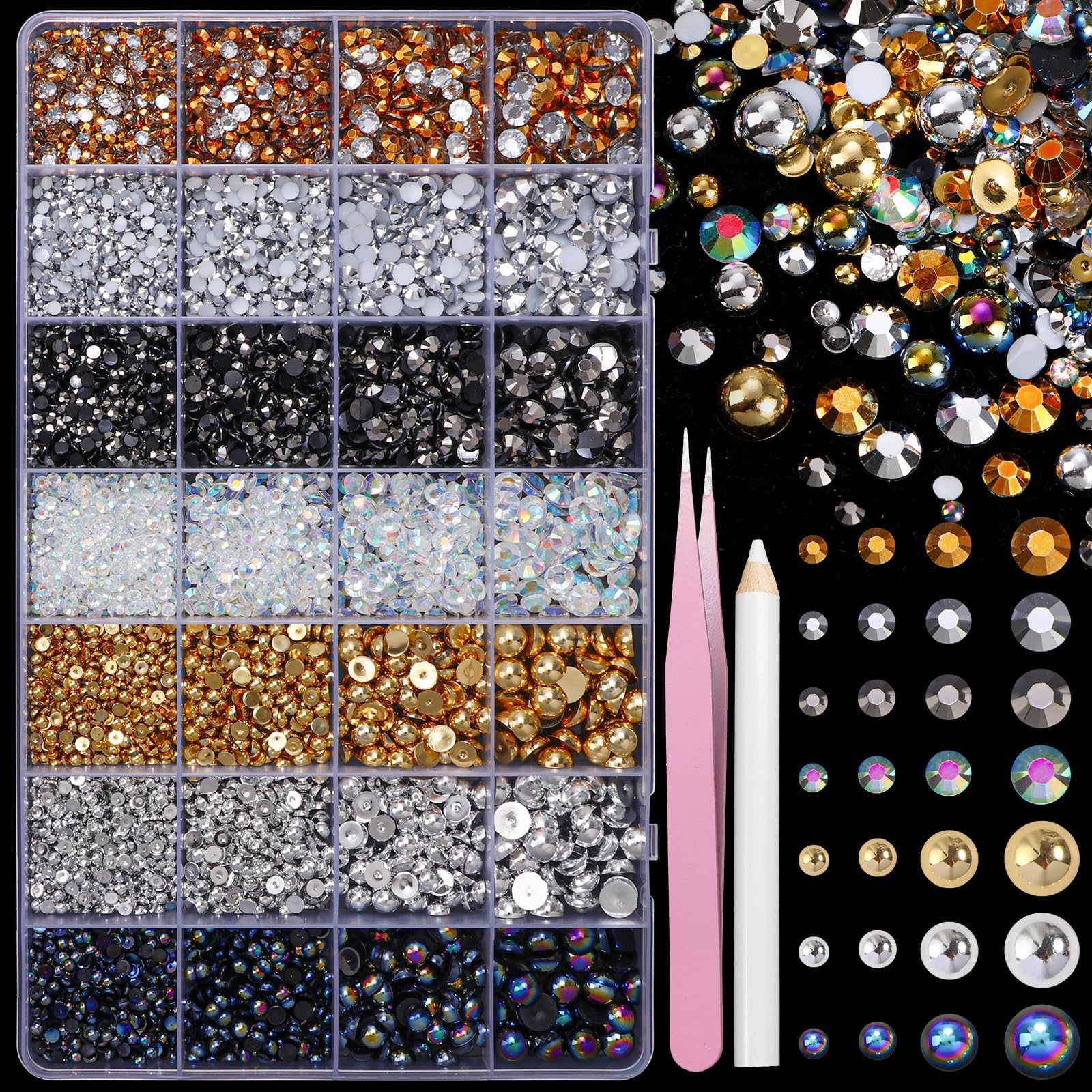 22000 Pcs Flatback Pearls and Rhinestones Bedazzling Kit, Mixed Size Half Pearls Gemsn  ( 8 different colors )