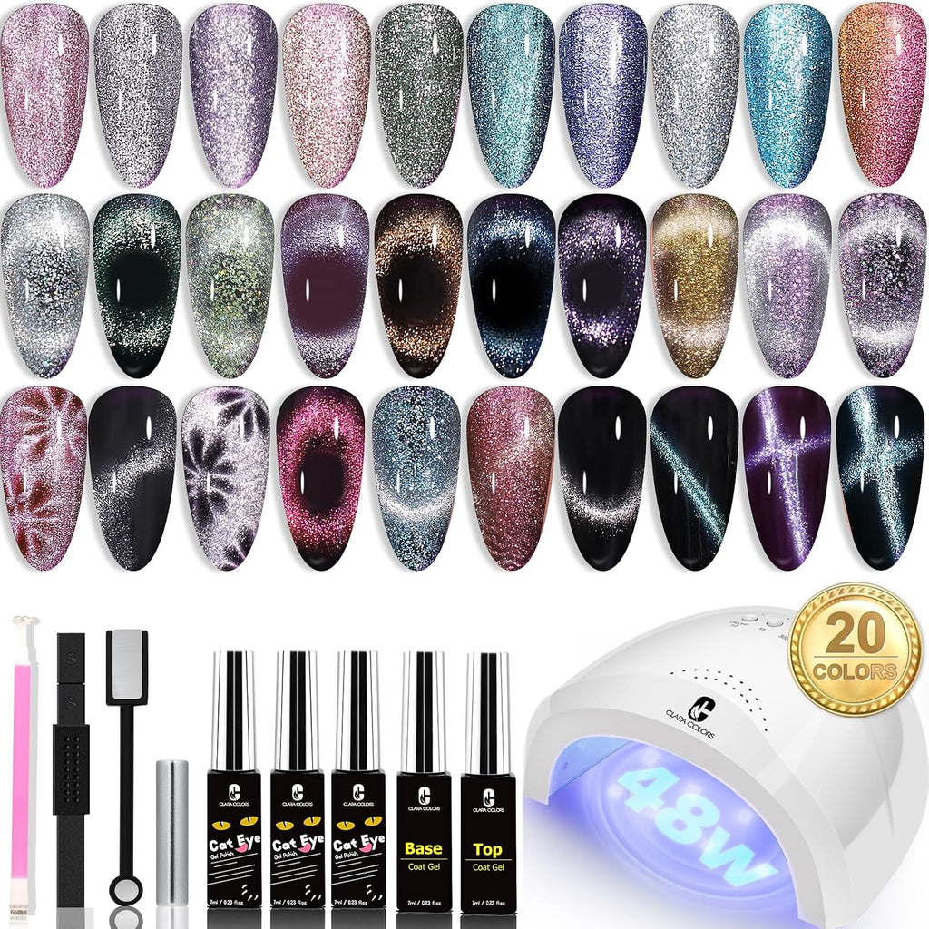 Clara Colors Cat-Eye Gel Polish Kit, 20 Colors with 48W UV Lamp