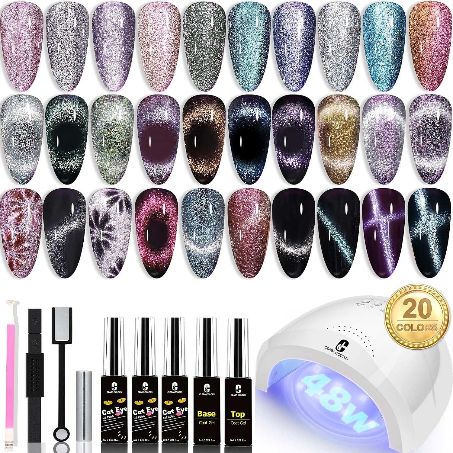 Clara Colors Cat-Eye Gel Polish Kit, 20 Colors with 48W UV Lamp