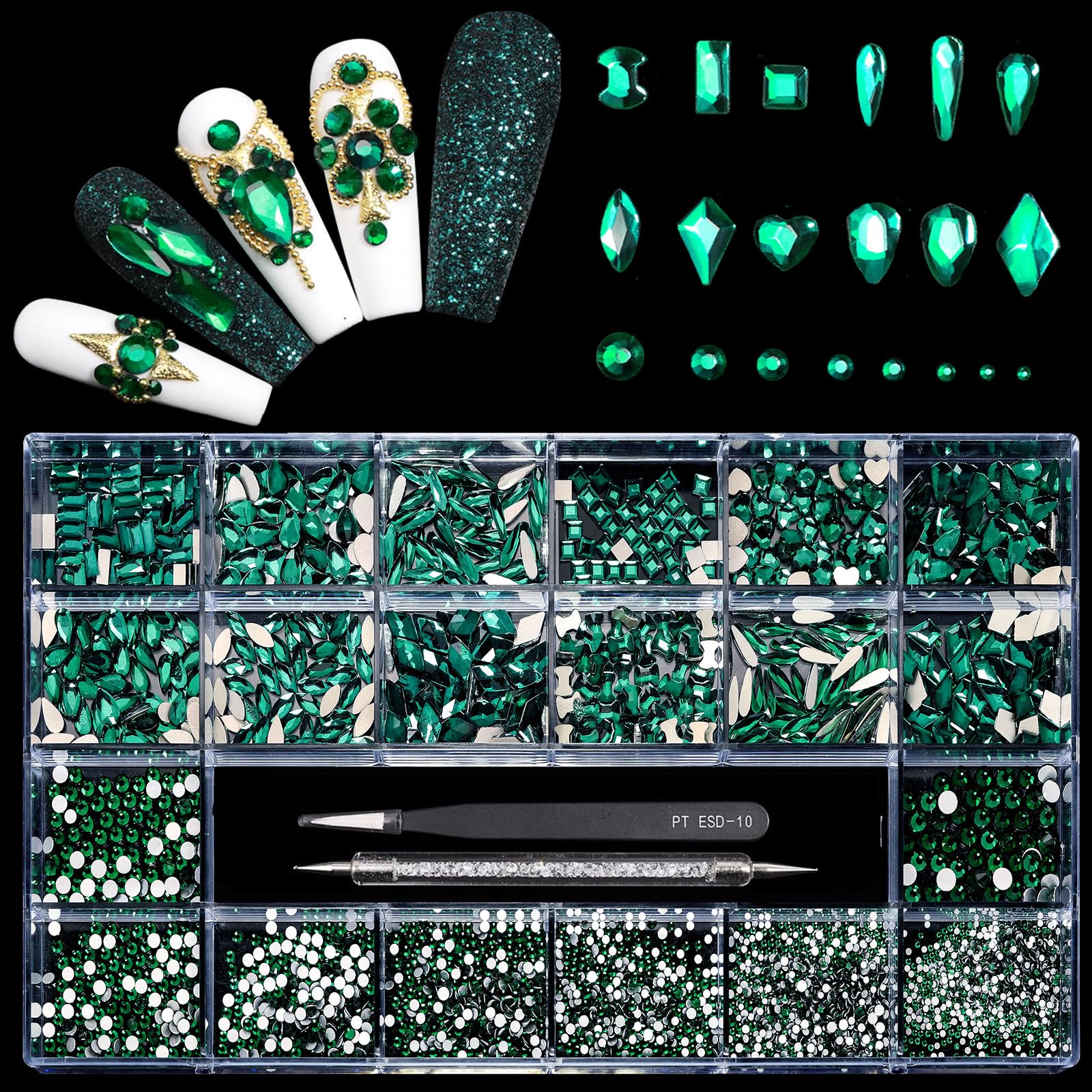 (5 diff packs ) 12 Types of 600  Diamonds + 2500 Flat Rhinestones Mix 20 Styles Flatback Stones Set + Tweezers + Drill Pen