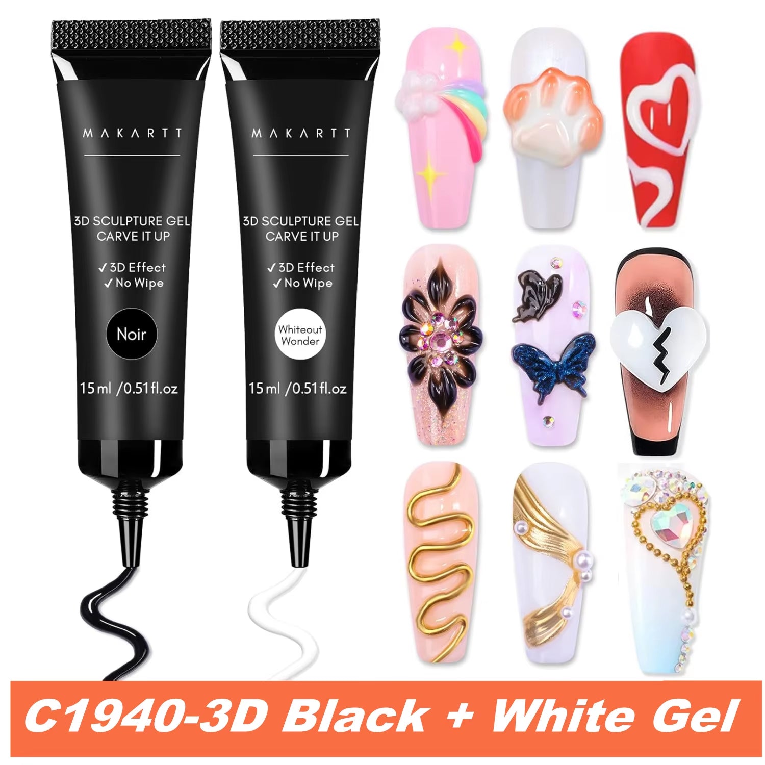 3D Nail Gel Sculpting Gel Nail Art Glue Kit, White Craving Gel and Black Candy Molding Gel No Wipe Embossed Gel Polish