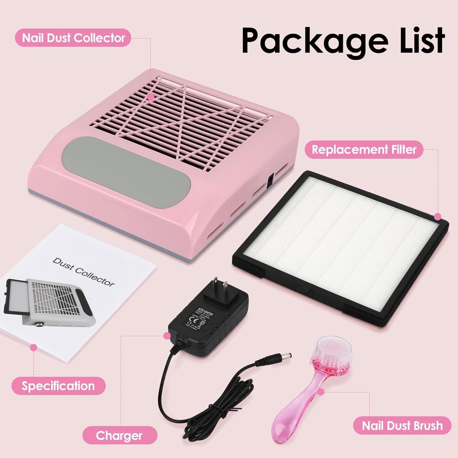 Nail Dust Collector for Acrylic Nails Vacuum Machine, 80W Adjustable Vacuum,