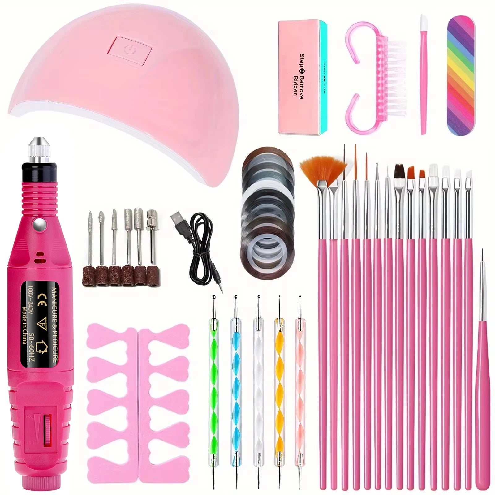  Nail  Kit with 54W UV 18Pcs Lamp Glue Dryer Polisher Dead Skin Remover Finger Separator Mani/Pedi . 6 different bundles