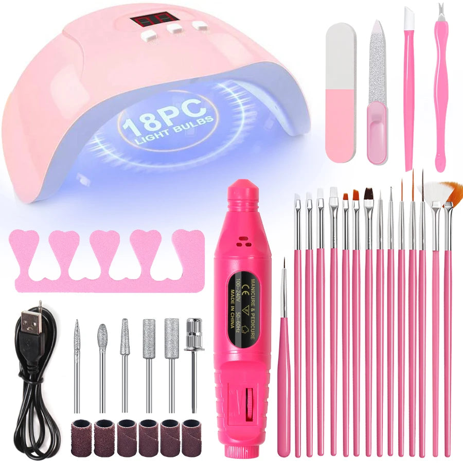  Nail  Kit with 54W UV 18Pcs Lamp Glue Dryer Polisher Dead Skin Remover Finger Separator Mani/Pedi . 6 different bundles