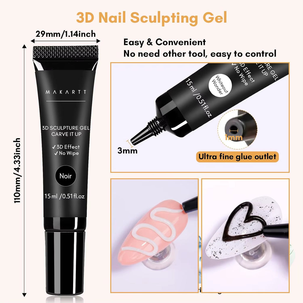 3D Nail Gel Sculpting Gel Nail Art Glue Kit, White Craving Gel and Black Candy Molding Gel No Wipe Embossed Gel Polish