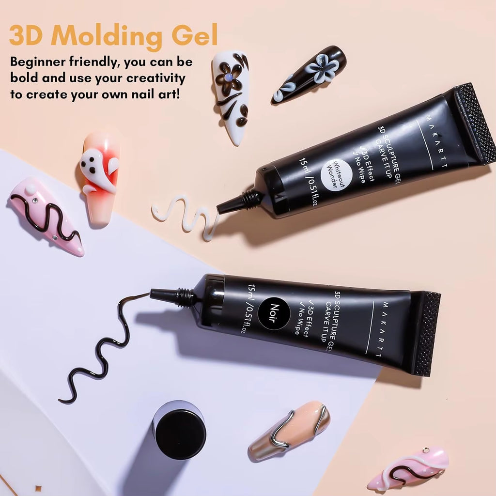 3D Nail Gel Sculpting Gel Nail Art Glue Kit, White Craving Gel and Black Candy Molding Gel No Wipe Embossed Gel Polish